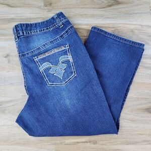 💇‍♀️Lane Bryant Blue Denim Tan Embroider Capri Jeans Size 18